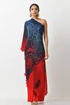Buy_Kiran Uttam Ghosh_Blue Pleated Polyester Mix Batik Motifs One Shoulder Print Dress _at_Aza_Fashions
