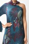 Shop_Kiran Uttam Ghosh_Blue Pleated Polyester Mix Floral Motif One Shoulder Printed Dress _at_Aza_Fashions