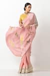 Kiran Uttam Ghosh_Peach Pleated Polyester Mix Printed Saree With Unstitched Blouse Piece  _Online_at_Aza_Fashions