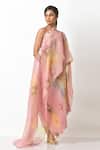 Shop_Kiran Uttam Ghosh_Peach Organza Floral Open Neck Print Cape _at_Aza_Fashions