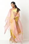Kiran Uttam Ghosh_Peach Organza Floral Open Neck Print Cape _Online_at_Aza_Fashions