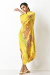 Buy_Kiran Uttam Ghosh_Yellow Pleated Polyester Mix Floral Print One Shoulder Dress _at_Aza_Fashions
