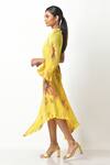 Shop_Kiran Uttam Ghosh_Yellow Pleated Polyester Mix Floral Print One Shoulder Dress _at_Aza_Fashions