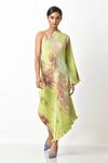 Buy_Kiran Uttam Ghosh_Green Pleated Polyester Mix Floral Print One Shoulder Dress _at_Aza_Fashions