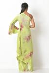 Shop_Kiran Uttam Ghosh_Green Pleated Polyester Mix Floral Print One Shoulder Dress _at_Aza_Fashions