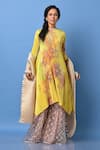 Buy_Kiran Uttam Ghosh_Yellow Pleated Polyester Mix Printed Floral Motifs Round Tunic  _at_Aza_Fashions