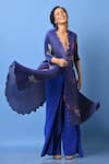 Buy_Kiran Uttam Ghosh_Blue Pleated Polyester Mix Floral Open Neck Print Angrakha Jacket _at_Aza_Fashions