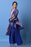 Buy_Kiran Uttam Ghosh_Blue Pleated Polyester Mix Floral Open Neck Print Angrakha Jacket _Online_at_Aza_Fashions