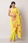 Shop_Kiran Uttam Ghosh_Yellow Pleated Polyester Blossom Saree With Unstitched Blouse Piece  _at_Aza_Fashions