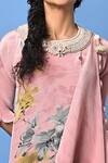 Shop_Kiran Uttam Ghosh_Pink Pleated Polyester Mix Lily Flower Print Round Draped Dress _Online_at_Aza_Fashions