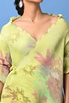 Kiran Uttam Ghosh_Green Pleated Polyester Mix Floral Motifs V Neck Print Wrap Dress _Online_at_Aza_Fashions