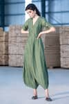 Buy_Kharakapas_Green Cotton Silk Printed Gold Foil Plunge Raag Harem Jumpsuit  _at_Aza_Fashions