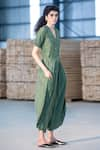 Kharakapas_Green Cotton Silk Printed Gold Foil Plunge Raag Harem Jumpsuit  _Online_at_Aza_Fashions