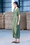 Buy_Kharakapas_Green Cotton Silk Printed Gold Foil Plunge Raag Harem Jumpsuit  _Online_at_Aza_Fashions