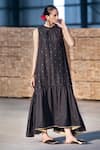 Buy_Kharakapas_Black Cotton Silk Printed And Embroidered Gold Foil Khari Tiered Tent Dress _at_Aza_Fashions