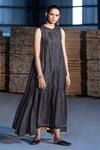 Kharakapas_Black Cotton Silk Printed And Embroidered Gold Foil Khari Tiered Tent Dress _Online_at_Aza_Fashions