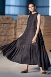 Buy_Kharakapas_Black Cotton Silk Printed And Embroidered Gold Foil Khari Tiered Tent Dress _Online_at_Aza_Fashions