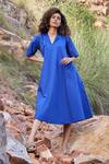 Buy_Kharakapas_Blue Cotton Poplin Plain Notched Hazy Note Dress_at_Aza_Fashions