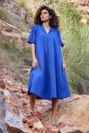 Kharakapas_Blue Cotton Poplin Plain Notched Hazy Note Dress_Online_at_Aza_Fashions