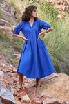 Buy_Kharakapas_Blue Cotton Poplin Plain Notched Hazy Note Dress_Online_at_Aza_Fashions