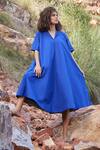 Shop_Kharakapas_Blue Cotton Poplin Plain Notched Hazy Note Dress_Online_at_Aza_Fashions
