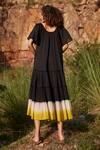 Shop_Kharakapas_Black 100% Cotton Tie Dye Round Dusty Ink Tiered Dress _at_Aza_Fashions