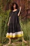 Kharakapas_Black 100% Cotton Tie Dye Round Dusty Ink Tiered Dress _Online_at_Aza_Fashions