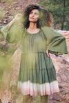 Kharakapas_Green 100% Cotton Plain Round Afar Times Dress _at_Aza_Fashions