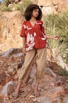 Buy_Kharakapas_Red 100% Cotton Printed Floral V Neck Bittersweet Top _at_Aza_Fashions