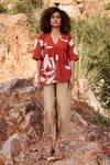 Kharakapas_Red 100% Cotton Printed Floral V Neck Bittersweet Top _Online_at_Aza_Fashions