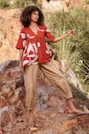 Shop_Kharakapas_Red 100% Cotton Printed Floral V Neck Bittersweet Top _Online_at_Aza_Fashions