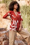Kharakapas_Red 100% Cotton Printed Floral V Neck Bittersweet Top _at_Aza_Fashions
