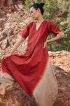 Buy_Kharakapas_Red Handloom Cotton Tie Dye V Neck Heartthrob Jumpsuit _Online_at_Aza_Fashions