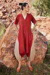 Shop_Kharakapas_Red Handloom Cotton Tie Dye V Neck Heartthrob Jumpsuit _Online_at_Aza_Fashions