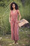 Buy_Kharakapas_Red 100% Cotton Stripe V Neck A Little Love Pattern Jumpsuit _at_Aza_Fashions
