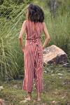 Shop_Kharakapas_Red 100% Cotton Stripe V Neck A Little Love Pattern Jumpsuit _at_Aza_Fashions