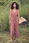 Kharakapas_Red 100% Cotton Stripe V Neck A Little Love Pattern Jumpsuit _Online_at_Aza_Fashions