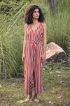 Buy_Kharakapas_Red 100% Cotton Stripe V Neck A Little Love Pattern Jumpsuit _Online_at_Aza_Fashions