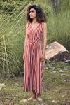 Shop_Kharakapas_Red 100% Cotton Stripe V Neck A Little Love Pattern Jumpsuit _Online_at_Aza_Fashions