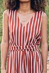 Kharakapas_Red 100% Cotton Stripe V Neck A Little Love Pattern Jumpsuit _at_Aza_Fashions