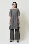 Brij_Grey Kora Chanderi Boat Kurta Palazzo Set _Online_at_Aza_Fashions