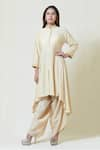 Buy_Brij_Beige Spun Silk Band Collar Kurta Dhoti Pant Set _at_Aza_Fashions