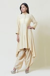 Brij_Beige Spun Silk Band Collar Kurta Dhoti Pant Set _Online_at_Aza_Fashions