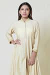 Buy_Brij_Beige Spun Silk Band Collar Kurta Dhoti Pant Set _Online_at_Aza_Fashions