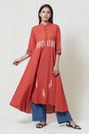 Buy_Brij_Red Handloom Cotton Band Collar Kurta _at_Aza_Fashions