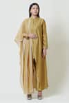 Brij_Gold Chanderi Band Collar Embroidered Kurta Pant Set _Online_at_Aza_Fashions