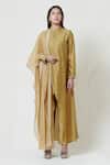 Shop_Brij_Gold Chanderi Band Collar Embroidered Kurta Pant Set _at_Aza_Fashions