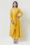 Shop_Brij_Yellow Chanderi Band Collar Embroidered Kurta Pant Set _at_Aza_Fashions