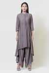 Brij_Grey Spun Silk Band Collar Embroidered Kurta Palazzo Set _Online_at_Aza_Fashions