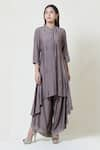 Buy_Brij_Grey Spun Silk Band Collar Embroidered Kurta Palazzo Set _at_Aza_Fashions